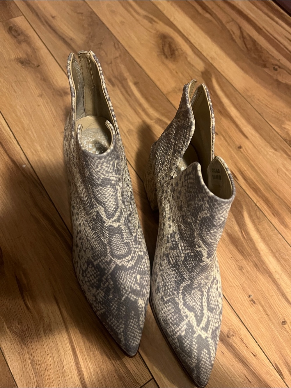 Vince Camuto Grey Snake-Print Pointed Toe Ankle Booties